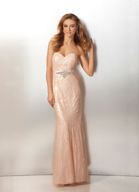 Pearl Pink Strapless Sweetheart Floor Length Column Prom Dresses With Sequins 