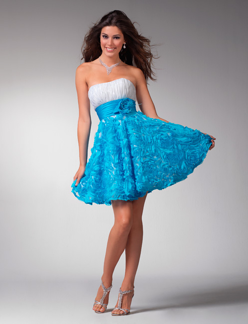 White And Turquoise Strapless Knee Length Empire Prom Dresses With Ruches And Flowers