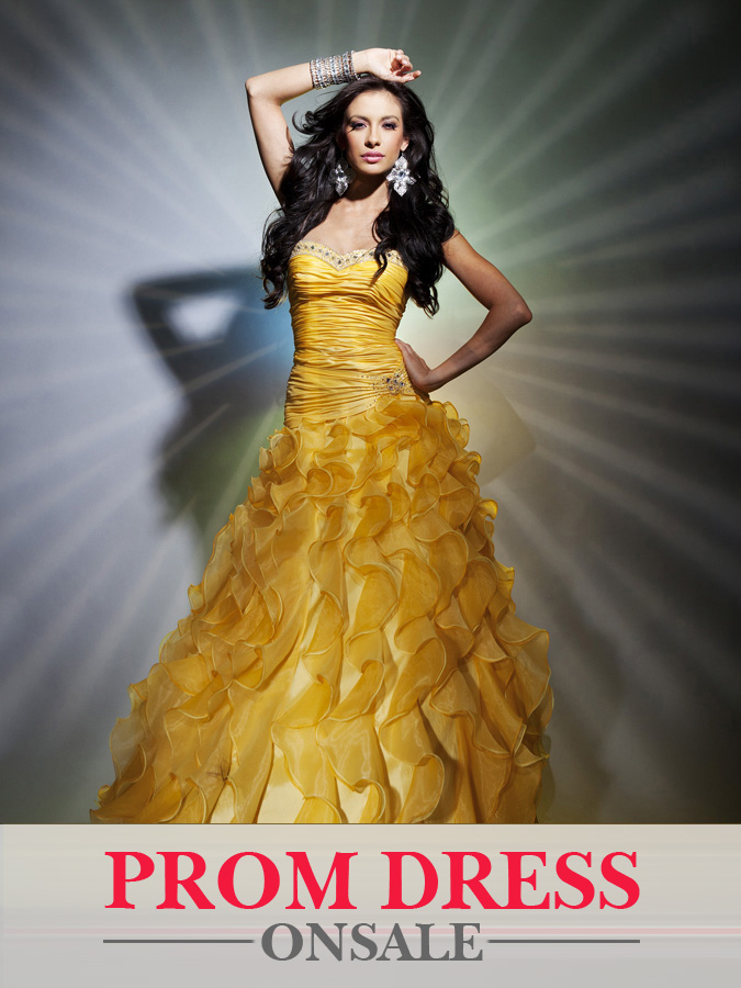 Yellow Strapless Sweetheart A Line Floor Length Organza Prom Dresses With Ruffles