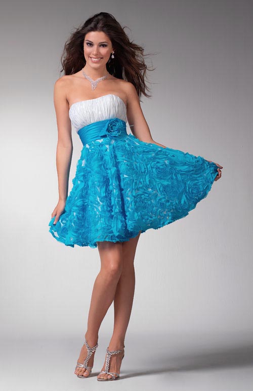 White And Turquoise Strapless Ruched Short Mini A Line Organza Prom Dresses With Hand Made Flower 