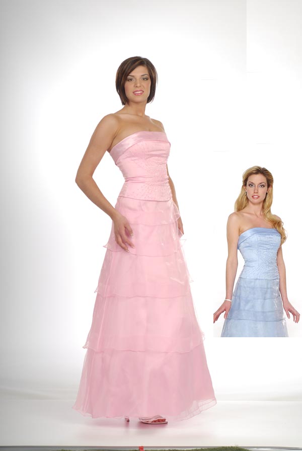 Pink Strapless Ankle Length Tiered A Line Organza Prom Dresses
