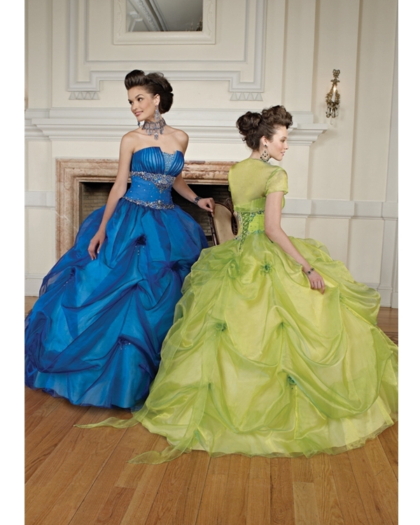 Lime Strapless Ball Gown Floor Length Organza Quinceanera Dresses With Embroidery And Ruffles