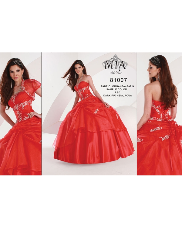 Scarlet Strapless Floor Length Ball Gown Organza Quinceanera Dresses With White Embroidery