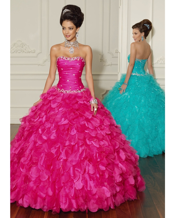 Fuchsia Ball Gown Lace Up Strapless Floor Length Organza Quinceanera Dresses With Ruffles And Beadings