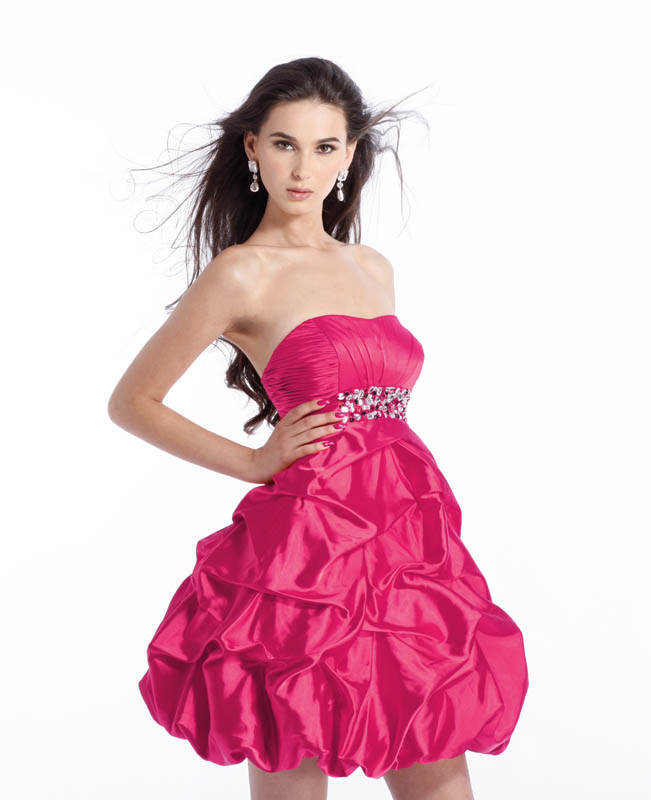 Fuchsia Strapless Empire Short Mini Satin Prom Dress With Beads and ...