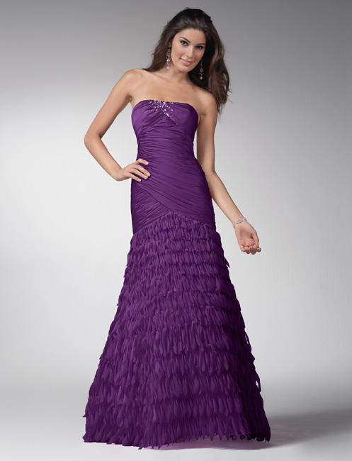 Purple Strapless Floor Length Tiered A Line Prom Dresses With Sequins And Tassels
