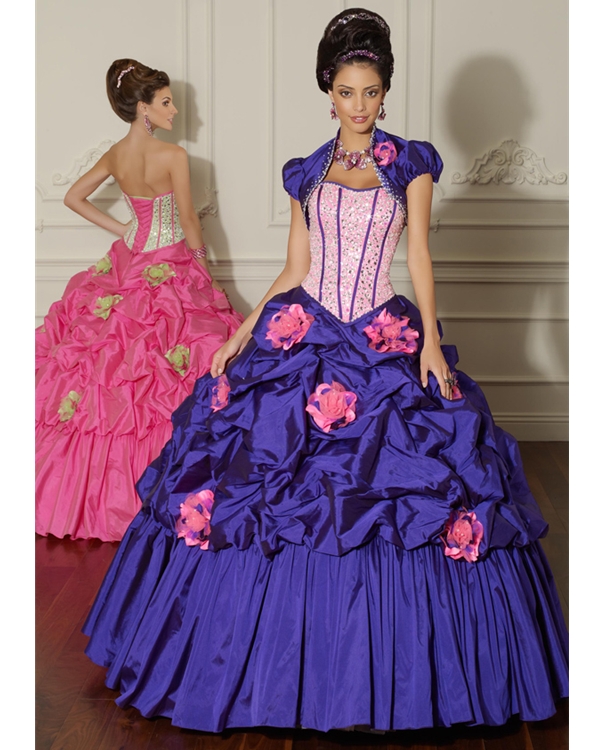 Violet And Pink Strapless Floor Length Ball Gown Quinceanera Dresses With Sequins And Ruffles And Pink Flowers
