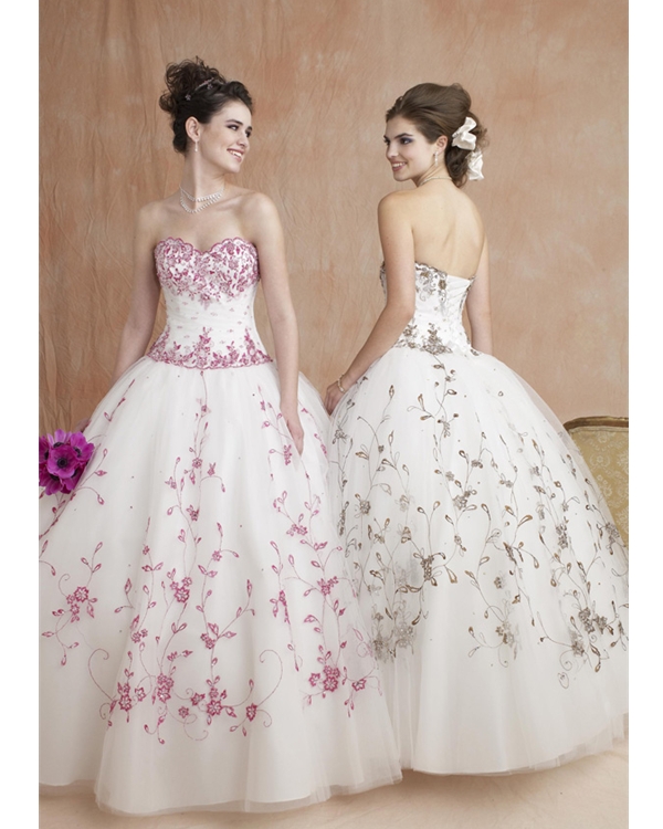 Fancy White Ball Gown Strapless Sweetheart Floor Length Tulle Quinceanera Dresses With Fuchsia Embroidery