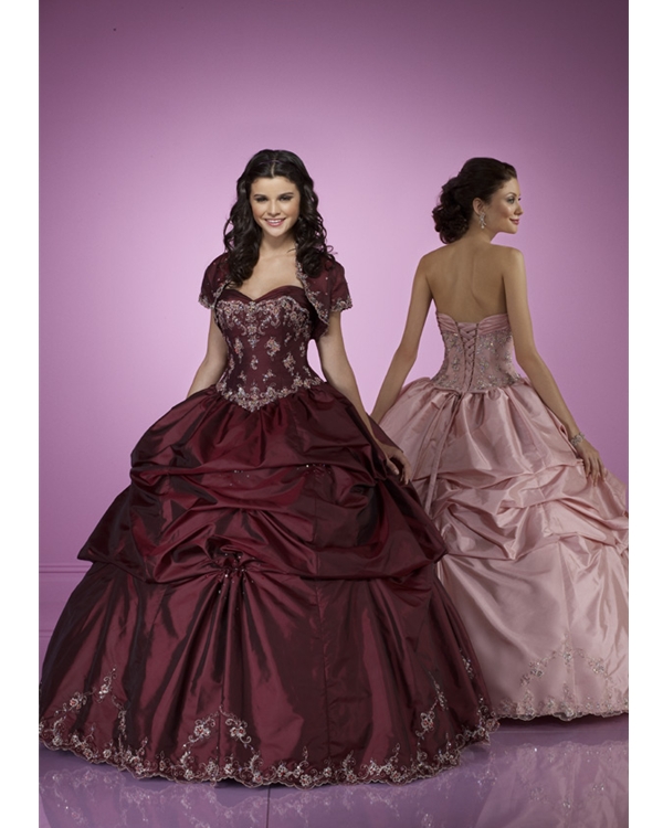 Marroon Ball Gown Strapless Sweetheart Floor Length Taffeta Quinceanera Dresses With Embroidery