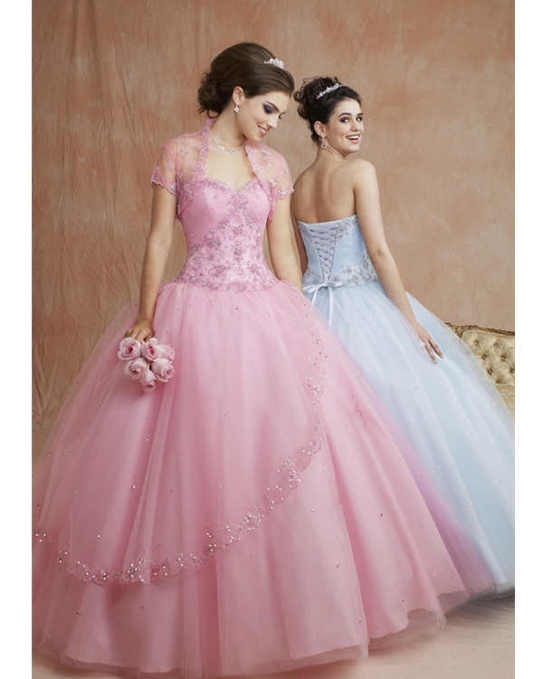 Romantic Pink Ball Gown Strapless Sweetheart Full Length Tulle Quinceanera Dresses With Embroidery