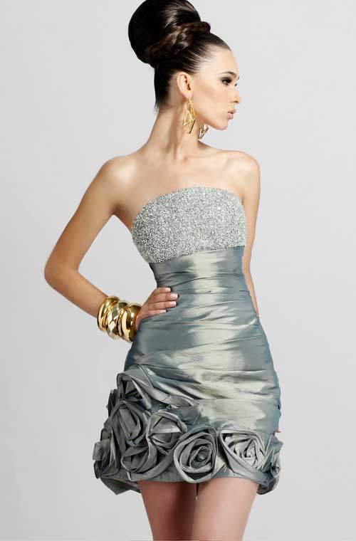 Fashionable Silver Strapless Mini Sheath Taffeta Prom Dresses With Beads And Rosettes