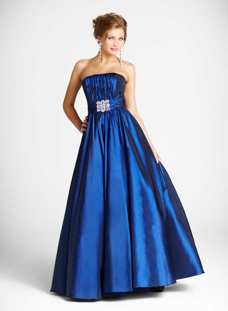 Blue Strapless Floor Length A Line Taffeta Prom Dresses With Jewel And Ruches