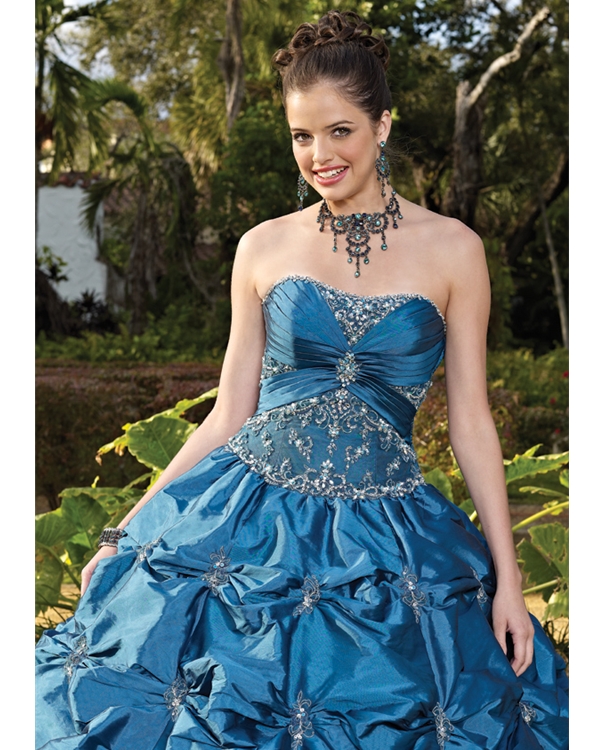 Blue Strapless Floor Length Draped Ball Gown Taffeta Quinceanera Dresses With Sequined Embroidery