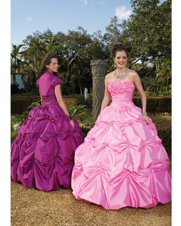 Pink Strapless Ball Gown Ruffled Floor Length Taffeta Quinceanera Dresses With Hand Made Flowers