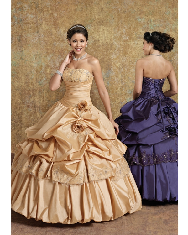 Champagne Ball Gown Floor Length Strapless Taffeta Quinceanera Dresses With Hand Made Flowers