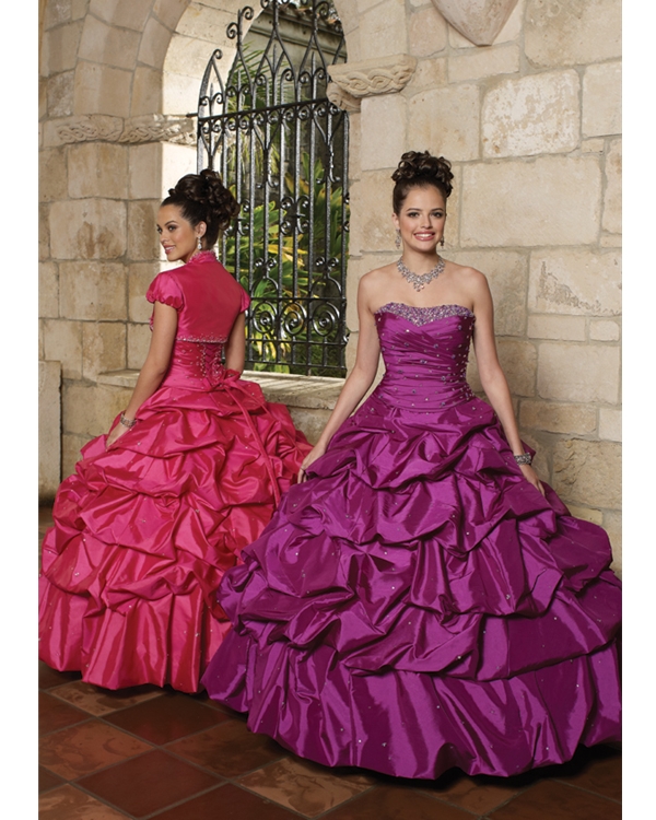 Strapless Purple Floor Length Ball Gown Taffeta Quinceanera Dresses With Ruffles