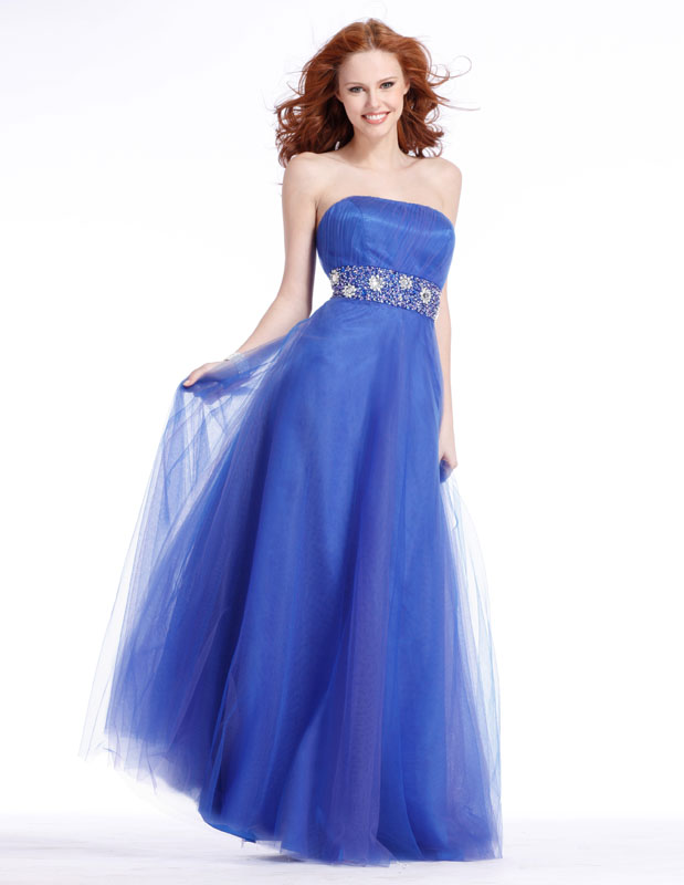 Blue Strapless Full Length A Line Tulle Prom Dresses With Embellished Waistline 