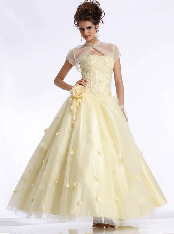 Faint Yellow Strapless A Line Ankle Length Tulle Prom Dresses With Flowers