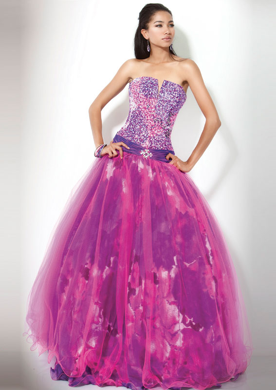 Printed Fuchsia Strapless Full Length A Line Tulle Prom Dresses With Sequins 