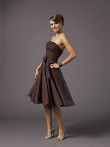 Dark Brown Strapless Knee Length A Line Chiffon Prom Dresses With Wide Waistband 