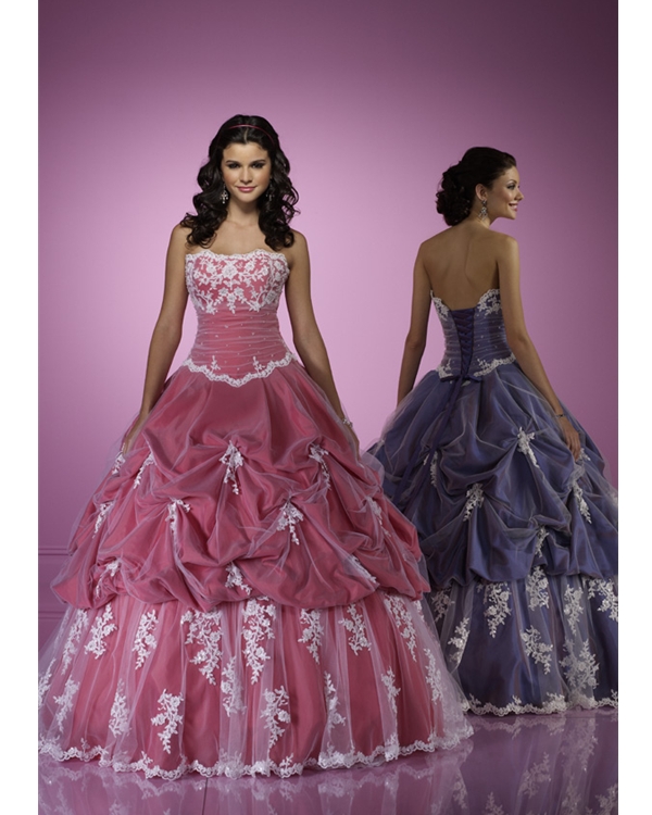 Pink Ball Gown Strapless Full Length Tulle Quinceanera Dresses With White Appliques