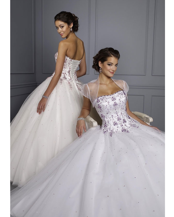 Amazing White Ball Gown Strapless Floor Length Tulle Quinceanera Dresses With Purple Beadings