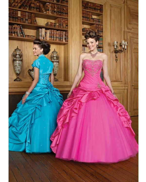 Pink Strapless Floor Length Ball Gown Tulle Quinceanera Dresses With Embroidery And Pleats