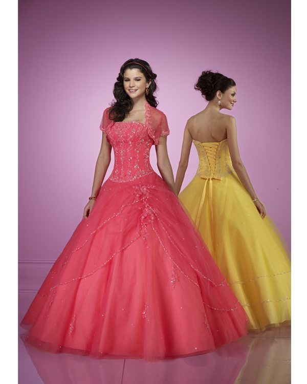 Sweet Watermelon Strapless Floor Length Ball Gown Tulle Quinceanera Dresses With Embroidery