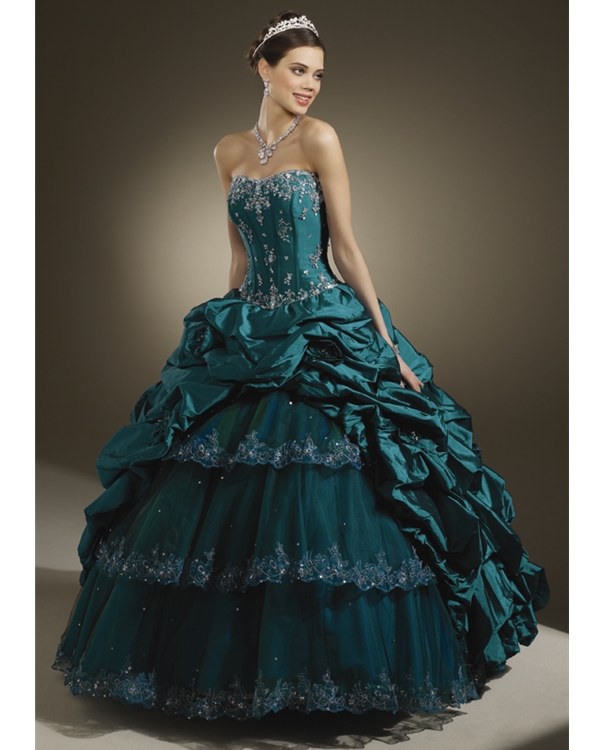 Hunter Green Ball Gown Strapless Tulle Floor Length Quinceanera Dresses With Appliques