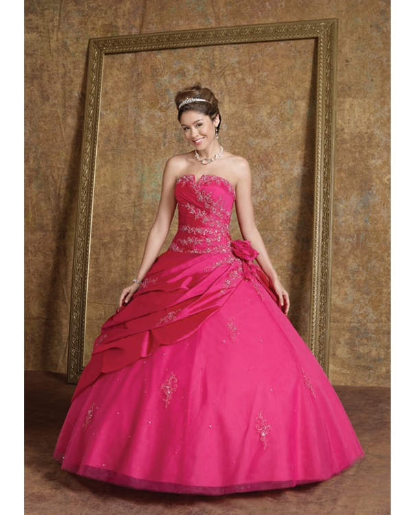 Classic Fuchsia Strapless Floor Length Ball Gown Tulle Quinceanera Dresses With Appliques And Flowers
