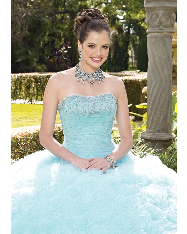 Pure Aqua Ball Gown Floor Length Strapless Tulle Quinceanera Dresses With Ruffles And Sequins