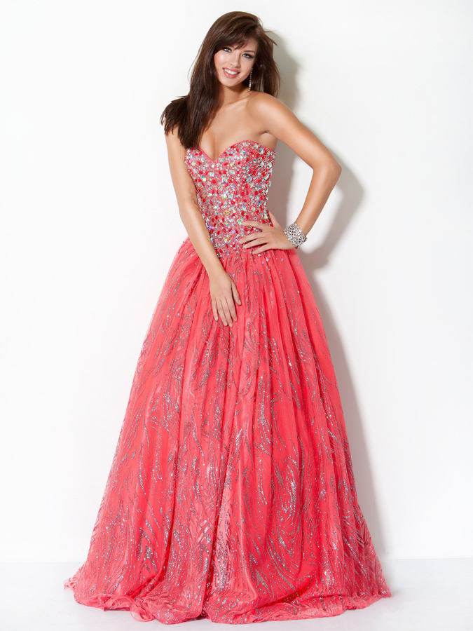 Coral Red Strapless Sweetheart Floor Length A Line Prom Dresses With Colorful Beading