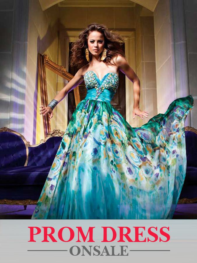 Colorful Printed Teal Strapless Sweetheart Full Length A Line Chiffon Prom Dresses With Beads 