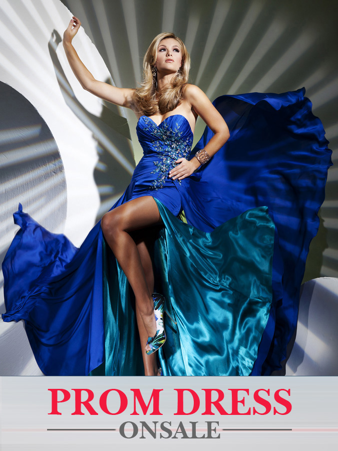 Royal Blue Strapless Sweetheart High Slit Sheath Floor Length Chiffon Prom Dresses With Beadings