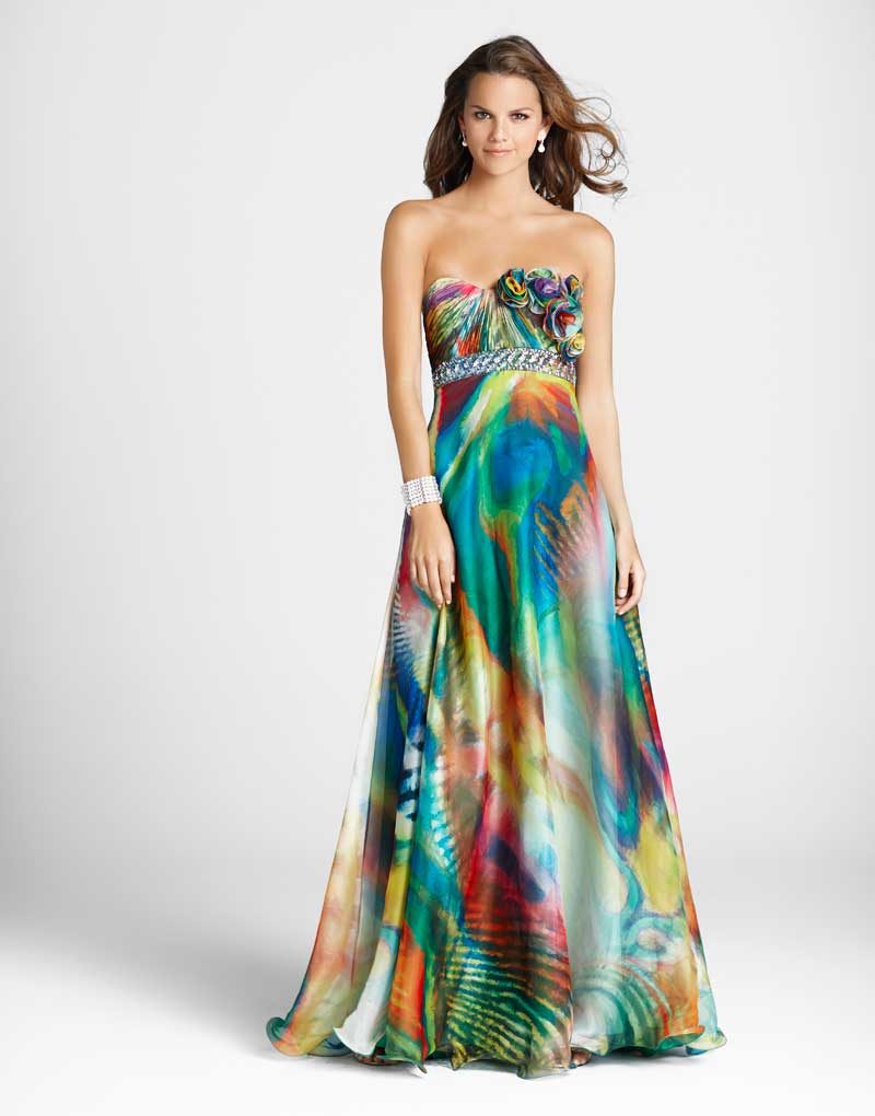 Colorful Printed Strapless Sweetheart Empire Full Length A Line Chiffon Prom Dresses With Jewel And Rosettes