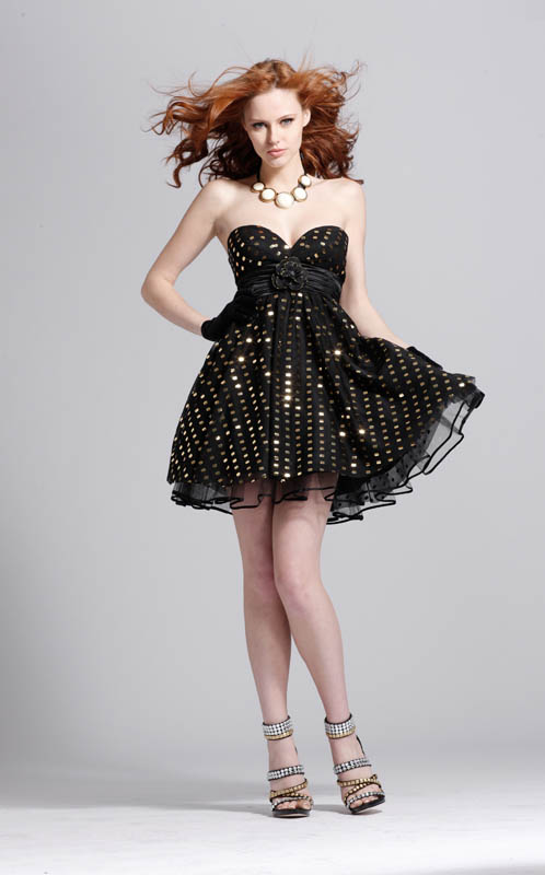 Dot Printed Strapless Sweetheart Black Mini Lneght Prom Dresses With Sash 