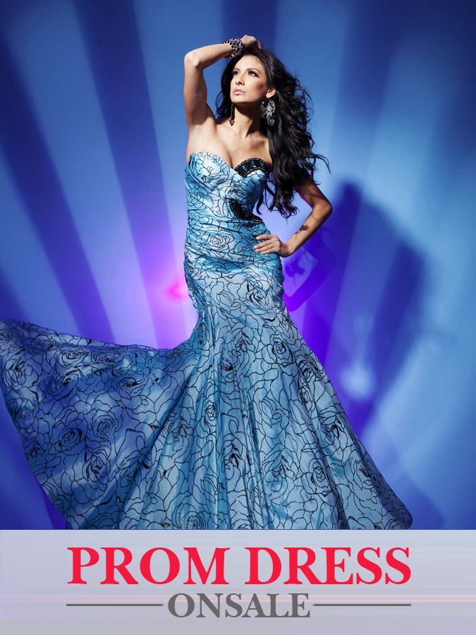 Printed Blue Strapless Sweetheart Mermaid Floor Length Chiffon Prom Dresses With Sequins 