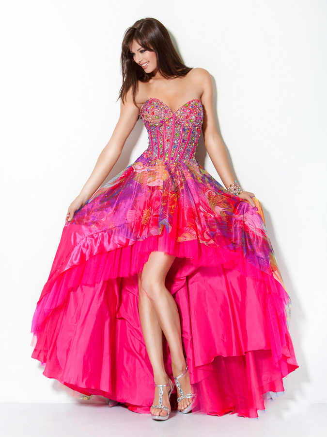 Floral Printed Strapless Sweetheart Hi Low Fuchsia A Line Prom Dresses With Beads 