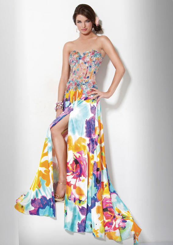 Colorful Printed Strapless Sweetheart Sweetp Train A Line Floor Length Prom Dresses With Jewel 