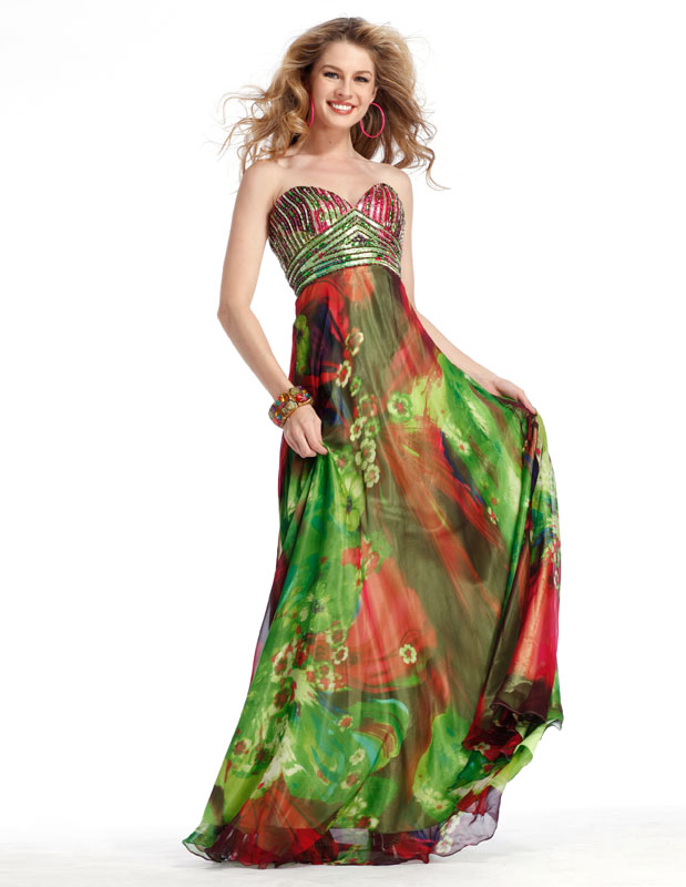 Colorful Printed Strapless Sweetheart Empire Floor Length Sheath Prom Dresses With Sequins