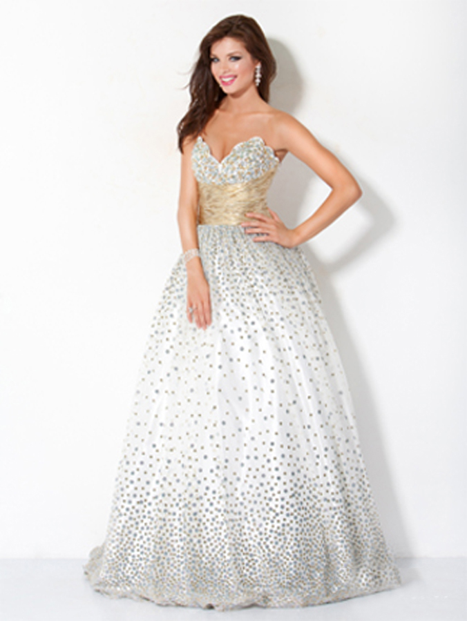 Strapless Sweetheart Floor Length White Ball Gown Prom Dresses With Silver Sequin And Champagne Sash