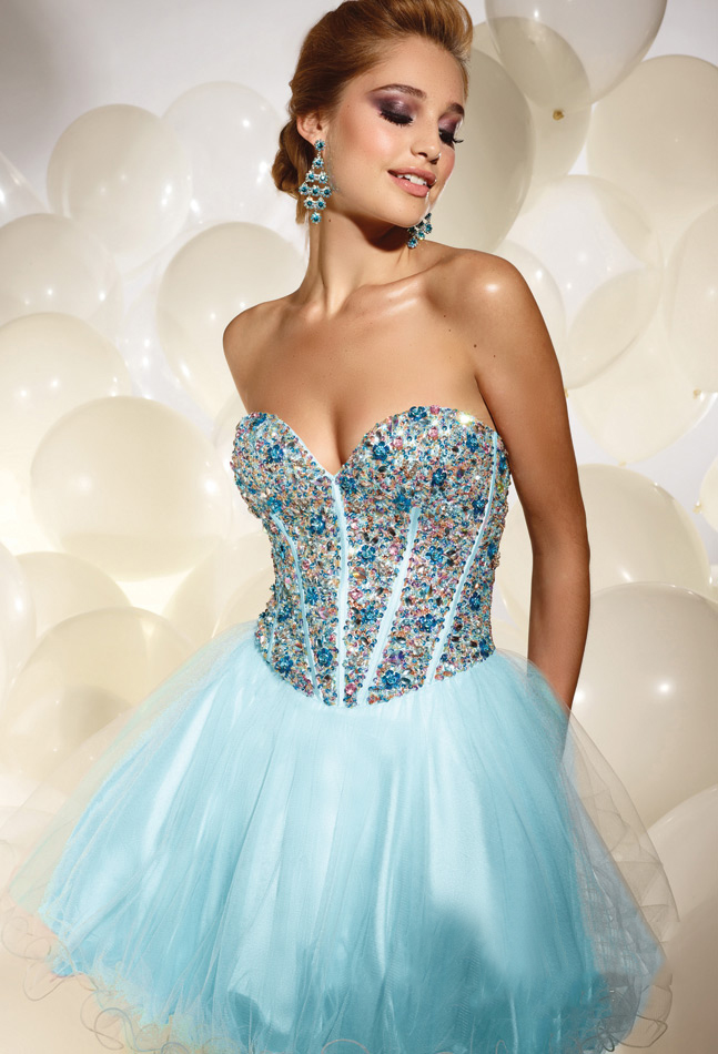 Light Blue Strapless Sweetheart Mini Length A Line Tulle Prom Dresses With Jewel 