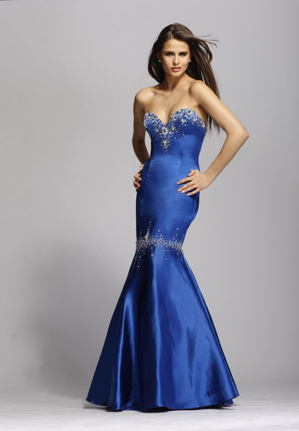 Royal Blue Strapless Sweetheart Floor Length Mermaid Satin Prom Dresses With Crystals 