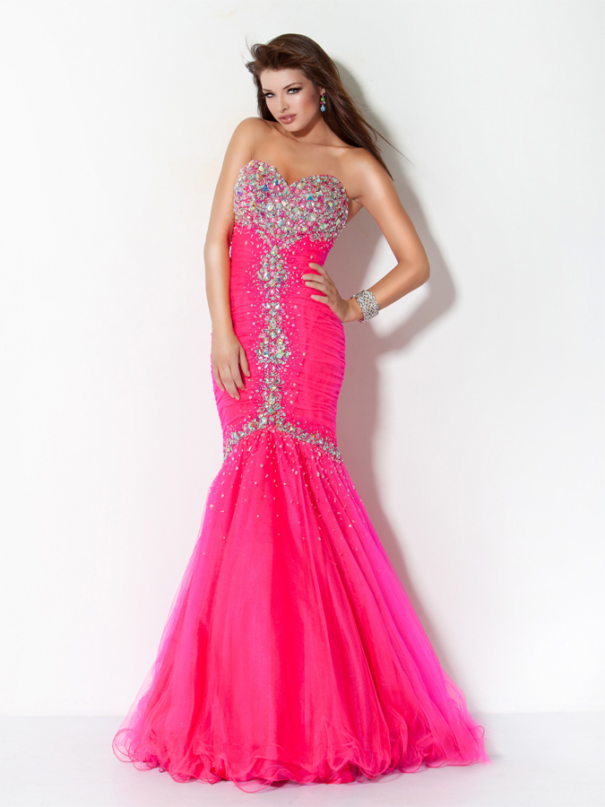 Fuchsia Sweetheart Strapless Floor Length Mermaid Tulle Prom Dresses With Coloful Crystals 