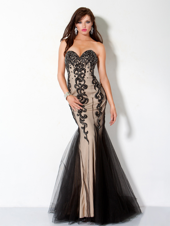 Black And Skin Strapless Sweetheart Floor Length Mermaid Prom Dresses With Lace 
