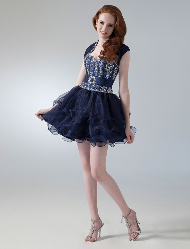 Navy Blue Sweetheart Neckline Mini Length Beading Organza Homecoming Dresses 