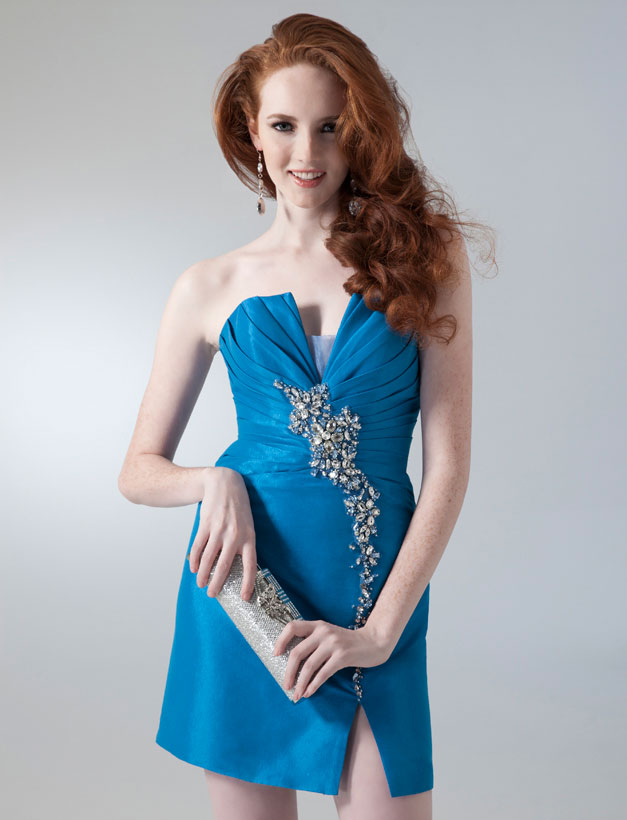 Blue Strapless Knee Length Satin Homecoming Dresses With Beadings