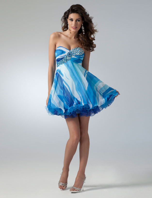 Blue Printed Sweetheart Neckline Mini Skirt Empire Chiffon Homecoming Dresses 