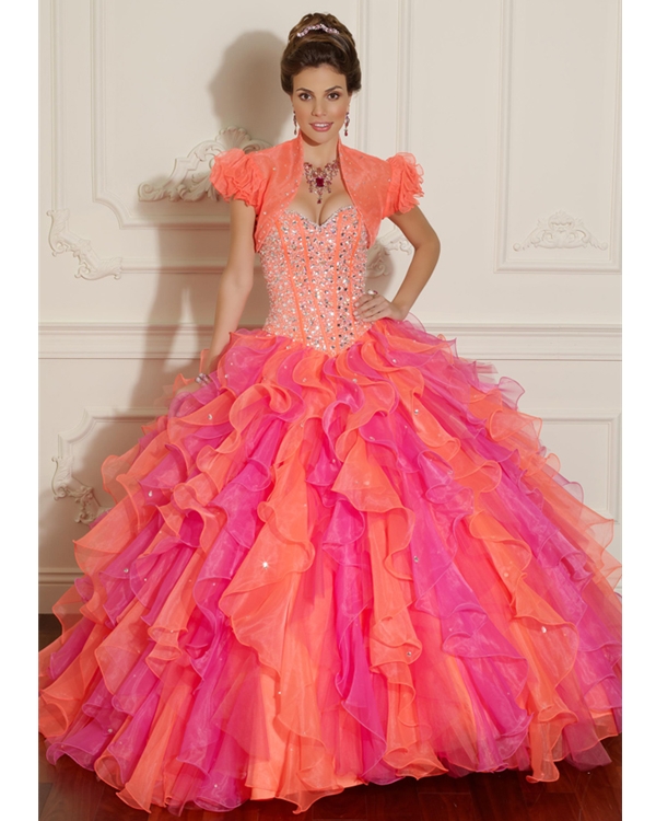 Apricot And Fuchsia Sweetheart Floor Length Ball Gown Organza Quinceanera Dresses With Beadings And Ruches