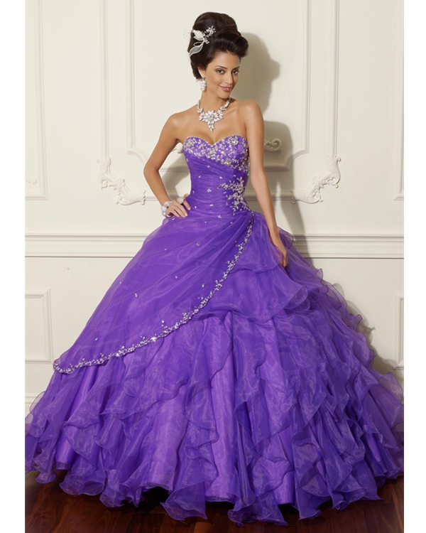 Violet Strapless Sweetheart Full Length Ball Gown Organza Quinceanera Dresses With Ruffles And Appliques